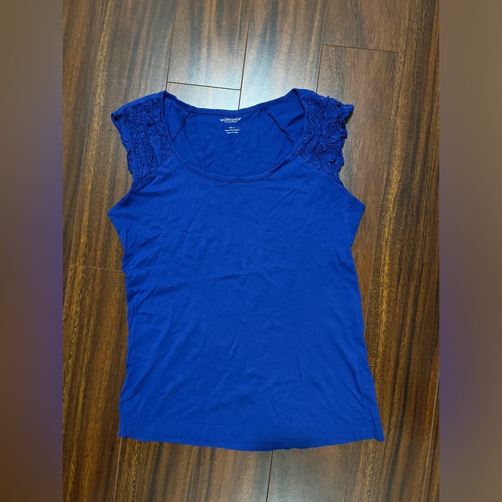 Workshop Republic Clothing women’s small ruffled cap sleeve top, royal blue